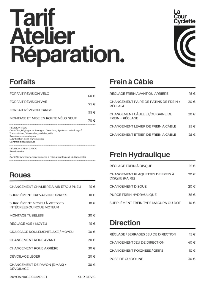 Tarif des réparation de cycles
